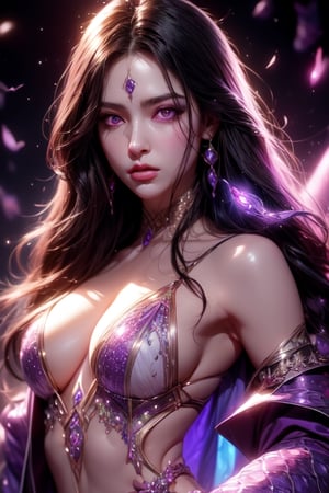 1 photograph, detailed lips, portrait, 1 female, (black hair), long hair, neat hair, light purple eyes, (beautiful face), light purple wizard robe, (glowing) sapphire earrings, snake scale, ((dim lightchamber: background)),4k, masterpiece, (dynamic pose)),Detailed face, detailed eyes, colors,otherworldly charm, soft colors, (high-resolution:1.2), soft lighting,1 girl,yuzu, conjuring mysterious purple spell, snake, white serpent, anger, angry face, snakes, white snakes, small snakes, big snakes, naga, half body, sexy