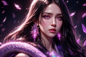 1 photograph, detailed lips, portrait, 1 female, (black hair), long hair, neat hair, light purple eyes, (beautiful face), light purple wizard robe, (glowing), snake earrings, snake scale, ((dim lightchamber: background)),4k, masterpiece, (dynamic pose)),Detailed face, detailed eyes, colors,otherworldly charm, soft colors, (high-resolution:1.2), soft lighting,1 girl,yuzu, conjuring mysterious purple spell, snake, white serpent, anger, angry face, snakes, white snakes