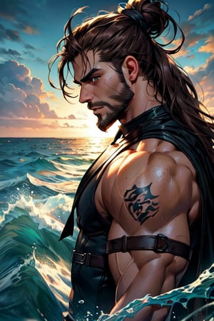 1 photograph, portrait, 1 male, ripped, sad face, (dark brown hair), man bun, dark brown eyes, stubble beard, (handsome), fighter costume, ((right side view)), (right side), (glowing), ((sea: background)),4k, masterpiece, 8k, (dynamic pose)),