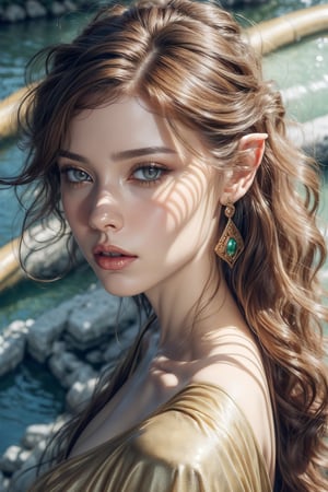 (Beauty photography:1.3), (honey - colored eyes:1.3), detailed skin texture, textured skin, visible skin detail, radiant skin, Bronze skin, green eyeshadow, juicy lips, Long Eyelashes. (To raise the chin:1.3),(overhead shot:1.5),(side shot:1.3)1 photograph, detailed lips, portrait, 1 female, (black hair), black eyes, golden noble dress, noble outfit (( by the river background)), masterpiece, (dynamic pose)), Detailed face, detailed eyes, soft colors, (high-resolution:1.2), Fierce face, elf ears, soft light, elf_ears, elf, black-eyes, long ears