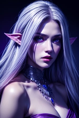 (Beauty photography:1.3), (purple - colored eyes:1.3), detailed skin texture, textured skin, visible skin detail, radiant skin, grey skin, juicy lips, Long Eyelashes, 1 photograph, detailed lips, portrait, 1 female, (white hair), purple eyes, high priest outfit, ((underdark: background)), masterpiece, (dynamic pose)),Detailed face, detailed eyes, soft colors, (high-resolution:1.2),Fierce face, grey skin, dark skin, drow, elf ears, dark purple skin, black skin