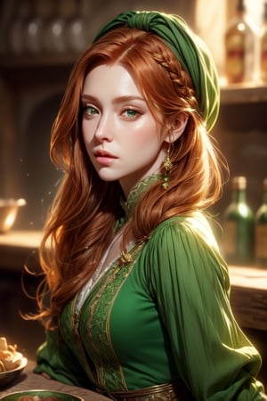 1 photograph, detailed lips, portrait, 1 female, (ginger hair), longhair, green eyes, (beautiful face), peasant dress, commoner outfit, ((tavern kitchen: background)),4k, masterpiece, (dynamic pose)),Detailed face, detailed eyes, soft colors, (high-resolution:1.2), twin_braid, headscarf