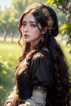 1 photograph, detailed lips, portrait, 1 female, (black hair), long curly hair, black eyes, (beautiful face), peasant dress, commoner outfit, ((small orchard: background)),4k, masterpiece, (dynamic pose)),Detailed face, detailed eyes, soft colors, (high-resolution:1.2), headscarf, poor outfit, freckles, chubby_female, chubby, chubby face, tavern outfit, merchant outfit, angry face