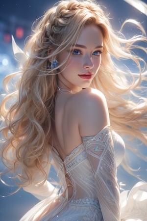 1 photograph, detailed lips, portrait, 1 female, (blonde hair), braided hair, blue eyes, white dress outfit, ((night festival background)), 4k, masterpiece, (dynamic pose)), Detailed face, detailed eyes, soft colors, (high-resolution:1.2), smiling face, dance, dancing