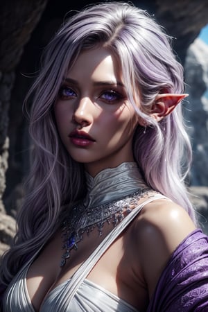 (Beauty photography:1.3), (purple - colored eyes:1.3), detailed skin texture, textured skin, visible skin detail, radiant skin, grey skin, juicy lips, Long Eyelashes, 1 photograph, detailed lips, portrait, 1 female, (white hair), purple eyes, high priestess outfit, priestess outfit, ((cave: background)), masterpiece, (dynamic pose)),Detailed face, detailed eyes, soft colors, (high-resolution:1.2),Fierce face, grey skin, dark skin, drow, elf ears, dark purple skin, black skin, tan, perfect eyes, 