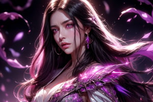 1 photograph, detailed lips, portrait, 1 female, (black hair), long hair, neat hair, light purple eyes, (beautiful face), light purple wizard robe, (glowing), snake earrings, snake scale, ((dim lightchamber: background)),4k, masterpiece, (dynamic pose)),Detailed face, detailed eyes, colors,otherworldly charm, soft colors, (high-resolution:1.2), soft lighting,1 girl,yuzu, conjuring mysterious purple spell, snake, white serpent, anger, angry face