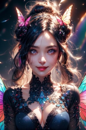 1 photograph,  detailed lips,  portrait,  1 female,  (dark blue hair), double_bun, twintail, navy eyes, sparkling eyes), (beautiful face), smiling face, dark blue warlock outfit,  ((rainbow: background)), 4k,  masterpiece,  (dynamic pose)), Detailed face,  detailed eyes,  soft colors,  (high-resolution:1.2), yuzu detail, half body, cinematic lighting, High detailed, fairy wings, High detailed, butterfly wings,High detailed ,Color magic, music notes, Saturated colors,Saturated colors