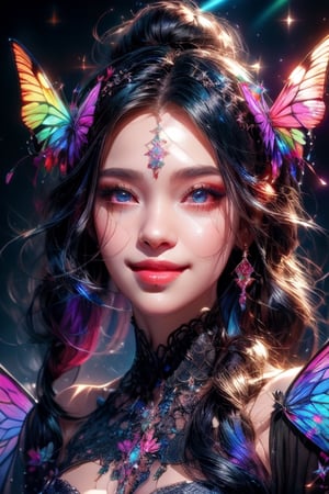 1 photograph,  detailed lips,  portrait,  1 female,  (dark blue hair), double bun with braid, twintail, navy eyes, sparkling eyes), (beautiful face), smiling face, dark blue warlock outfit,  ((rainbow: background)), 4k,  masterpiece,  (dynamic pose)), Detailed face,  detailed eyes,  soft colors,  (high-resolution:1.2), yuzu detail, half body, cinematic lighting, High detailed, fairy wings, High detailed, butterfly wings,High detailed ,Color magic, music notes, Saturated colors,Saturated colors, young face