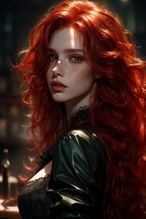 1 photograph, detailed lips, portrait, 1 female, (red hair), long curly hair, green eyes, black commoner outfit, ((night tavern background)), 4k, masterpiece, (dynamic pose)), Detailed face, detailed eyes, soft colors, (high-resolution:1.2), freckles, black outfit, Fierce face