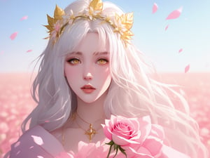 A mysterious and alluring cleric, with platinum white hair, golden eyes, wearing a white and gold robe, wearing a flower crown, conjuring pink spells in a pink rose field, cinematic movement, rose petals, Detailedface