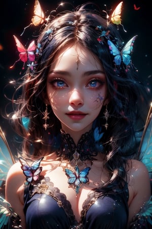 1 photograph,  detailed lips,  portrait,  1 female,  (dark blue hair), twin tails, navy eyes,  (beautiful face), smiling face, side face, dark blue warlock outfit,  ((rainbow: background)), 4k,  masterpiece,  (dynamic pose)), Detailed face,  detailed eyes,  soft colors,  (high-resolution:1.2), yuzu detail, half body, cinematic lighting, High detailed, fairy wings, High detailed, butterfly wings,High detailed ,Color magic, music notes