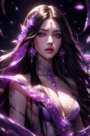 1 photograph, detailed lips, portrait, 1 female, (black hair), long hair, neat hair, light purple eyes, (beautiful face), light purple wizard robe, (glowing) sapphire earrings, snake scale, ((dim lightchamber: background)),4k, masterpiece, (dynamic pose)),Detailed face, detailed eyes, colors,otherworldly charm, soft colors, (high-resolution:1.2), soft lighting,1 girl,yuzu, conjuring mysterious purple spell, snake, white serpent, anger, angry face, snakes, white snakes, small snakes, big snakes, naga, half body