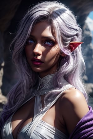 (Beauty photography:1.3), (purple - colored eyes:1.3), detailed skin texture, textured skin, visible skin detail, radiant skin, grey skin, juicy lips, Long Eyelashes, 1 photograph, detailed lips, portrait, 1 female, (white hair), purple eyes, high priestess outfit, priestess outfit, ((cave: background)), masterpiece, (dynamic pose)),Detailed face, detailed eyes, soft colors, (high-resolution:1.2),Fierce face, grey skin, dark skin, drow, elf ears, dark purple skin, black skin, tan, perfect eyes, 