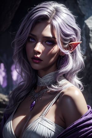 (Beauty photography:1.3), (purple - colored eyes:1.3), detailed skin texture, textured skin, visible skin detail, radiant skin, grey skin, juicy lips, Long Eyelashes, 1 photograph, detailed lips, portrait, 1 female, (white hair), purple eyes, high priestess outfit, priestess outfit, ((underground cave: background)), masterpiece, (dynamic pose)),Detailed face, detailed eyes, soft colors, (high-resolution:1.2),Fierce face, grey skin, dark skin, drow, elf ears, dark purple skin, black skin, tan, perfect eyes, night, midnight, night time, dim light, cave, underground, purple lighting, torchlight, purple crystal