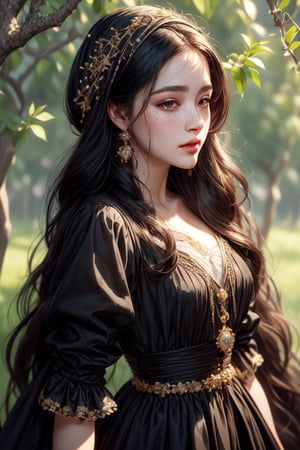 1 photograph, detailed lips, portrait, 1 female, (black hair), long curly hair, black eyes, (beautiful face), peasant dress, commoner outfit, ((small orchard: background)),4k, masterpiece, (dynamic pose)),Detailed face, detailed eyes, soft colors, (high-resolution:1.2), headscarf, poor outfit, soft freckles, chubby_female, no accessory, 