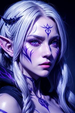 1 photograph, detailed lips, portrait, 1 female, (white hair), light purple eyes, noble rogue outfit, ((underdark: background)), masterpiece, (dynamic pose)),Detailed face, detailed eyes, soft colors, (high-resolution:1.2),Fierce face, grey skin, dark skin, drow, elf ears, dark purple skin, white tattoos, face tattoos