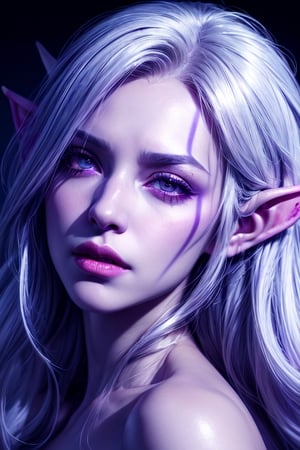 1 photograph, detailed lips, portrait, 1 female, (white hair), light purple eyes, noble rogue outfit, ((underdark: background)), masterpiece, (dynamic pose)),Detailed face, detailed eyes, soft colors, (high-resolution:1.2),Fierce face, grey skin, dark skin, drow, elf ears, dark purple skin, white tattoos