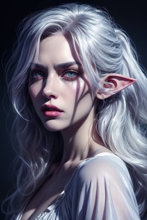 1 photograph, detailed lips, portrait, 1 female, (white hair), light purple eyes, peasant dress, rogue outfit, ((underdark: background)), masterpiece, (dynamic pose)),Detailed face, detailed eyes, soft colors, (high-resolution:1.2),Fierce face, rage, angry, grey skin, dark skin, drow, elf ears, dark purple skin