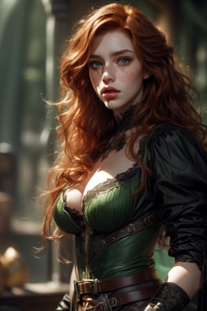 1 photograph, detailed lips, portrait, 1 female, (ginger hair), long curly hair, green eyes, black rogue common outfit, ((tavern background)), 4k, masterpiece, (dynamic pose)), Detailed face, detailed eyes, soft colors, (high-resolution:1.2), freckles, black outfit, Fierce face