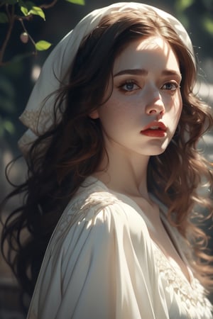 1 photograph, detailed lips, portrait, 1 female, (black hair), long curly hair, black eyes, (beautiful), peasant dress, commoner outfit, ((small orchard: background)),4k, masterpiece, (dynamic pose)),Detailed face, detailed eyes, soft colors, (high-resolution:1.2), headscarf, poor outfit, freckles, chubby_female, chubby, chubby face, tavern outfit, merchant outfit, white outfit, slighty_chubby, Fierce face, rage, angry, anger,1