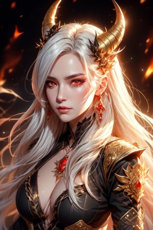 1 photograph, detailed lips, portrait, 1 female, angry smile, (white hair), long hair, neat hair, golden eyes, (beautiful face), black and gold fighting outfit, (glowing), ruby earrings, demon horns, more horns, dragon scale, ((battlefield war, ruin: background)),4k, masterpiece, (dynamic pose)),Detailed face, detailed eyes, colors,otherworldly charm, soft colors, (high-resolution:1.2), soft lighting,1 girl,yuzu, fire, flame, red dragon 