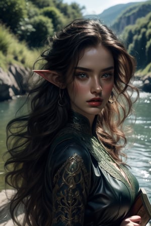 1 photograph, detailed lips, portrait, 1 female, (black hair), black green eyes, noble outfit, ((by the river background)), masterpiece, (dynamic pose)),Detailed face, detailed eyes, soft colors, (high-resolution:1.2), fierce face, bronze skin, dark skin, elf ears,1 girl, reading book, beautiful face,Detailedface,Girl , soft light, more light