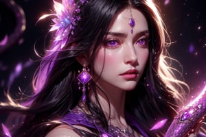 1 photograph, detailed lips, portrait, 1 female, (black hair), long hair, neat hair, light purple eyes, (beautiful face), light purple wizard robe, (glowing) sapphire earrings, snake scale, ((dim lightchamber: background)),4k, masterpiece, (dynamic pose)),Detailed face, detailed eyes, colors,otherworldly charm, soft colors, (high-resolution:1.2), soft lighting,1 girl,yuzu, conjuring mysterious purple spell, snake, white serpent, anger, angry face, snakes, white snakes, small snakes, big snakes, naga 