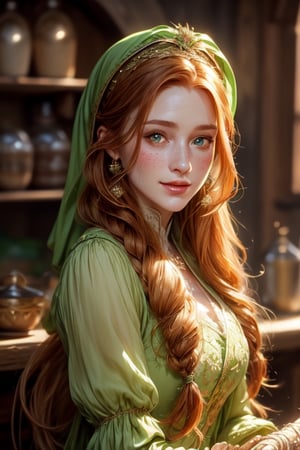 1 photograph, detailed lips, portrait, 1 female, (ginger hair), longhair, green eyes, (beautiful face), peasant dress, commoner outfit, ((tavern kitchen: background)),4k, masterpiece, (dynamic pose)),Detailed face, detailed eyes, soft colors, (high-resolution:1.2), twin_braid, headscarf, tavern outfit, poor outfit, soft freckles, smiling face