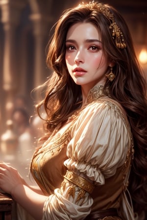 1 photograph, detailed lips, portrait, 1 female, (brown hair), brown hair, brown eyes, (beautiful face), peasant dress, commoner outfit, ((tavern: background)),4k, masterpiece, (dynamic pose)),Detailed face, detailed eyes, soft colors, (high-resolution:1.2), 