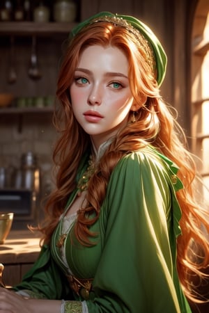 1 photograph, detailed lips, portrait, 1 female, (ginger hair), longhair, green eyes, (beautiful face), peasant dress, commoner outfit, ((tavern kitchen: background)),4k, masterpiece, (dynamic pose)),Detailed face, detailed eyes, soft colors, (high-resolution:1.2), twin_braid, headscarf, tavern outfit