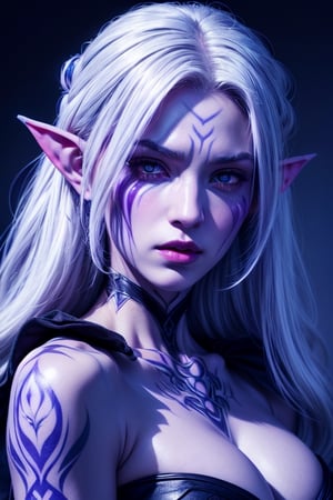 1 photograph, detailed lips, portrait, 1 female, (white hair), light purple eyes, noble rogue outfit, ((underdark: background)), masterpiece, (dynamic pose)),Detailed face, detailed eyes, soft colors, (high-resolution:1.2),Fierce face, grey skin, dark skin, drow, elf ears, dark purple skin, white tattoos, face tattoos