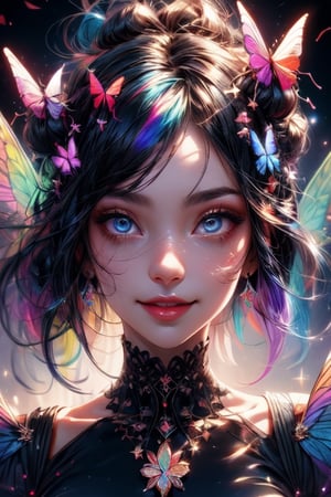 1 photograph,  detailed lips,  portrait,  1 female,  (dark blue hair), double bun, twintail, navy eyes, sparkling eyes), (beautiful face), smiling face, dark blue warlock outfit,  ((rainbow: background)), 4k,  masterpiece,  (dynamic pose)), Detailed face,  detailed eyes,  soft colors,  (high-resolution:1.2), yuzu detail, half body, cinematic lighting, High detailed, fairy wings, High detailed, butterfly wings,High detailed ,Color magic, music notes, Saturated colors,Saturated colors, young face,Color saturation 