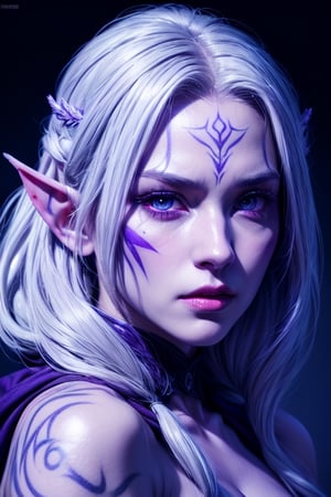 1 photograph, detailed lips, portrait, 1 female, (white hair), light purple eyes, noble rogue outfit, ((underdark: background)), masterpiece, (dynamic pose)),Detailed face, detailed eyes, soft colors, (high-resolution:1.2),Fierce face, grey skin, dark skin, drow, elf ears, dark purple skin, face tattoos