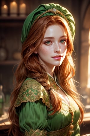 1 photograph, detailed lips, portrait, 1 female, (ginger hair), longhair, green eyes, (beautiful face), peasant dress, commoner outfit, ((tavern kitchen: background)),4k, masterpiece, (dynamic pose)),Detailed face, detailed eyes, soft colors, (high-resolution:1.2), twin_braid, headscarf, tavern outfit, poor outfit, soft freckles, smiling face
