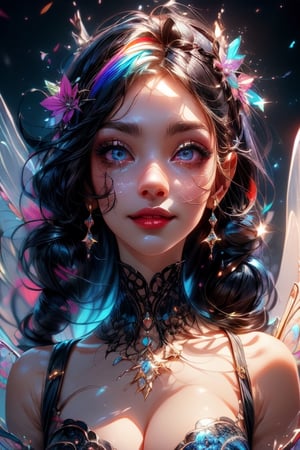 1 photograph,  detailed lips,  portrait,  1 female,  (dark blue hair), twin tails , navy eyes,  (beautiful face), smiling face, dark blue warlock outfit,  ((rainbow: background)), 4k,  masterpiece,  (dynamic pose)), Detailed face,  detailed eyes,  soft colors,  (high-resolution:1.2), yuzu detail, half body, cinematic lighting, High detailed, fairy wings