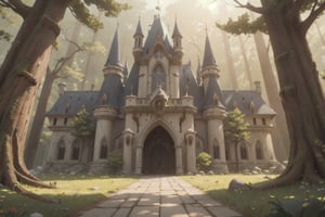 (tilt shift:1.2), the cinematic scene, thick forest, wood, elven castle, white castle, big castle, medieval, wrench_elven_arch, front of the castle, front view