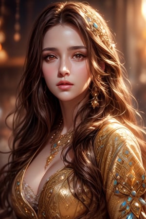 1 photograph, detailed lips, portrait, 1 female, (brown hair), brown hair, brown eyes, (beautiful face), commoner cloth, (glowing), ((tavern: background)),4k, masterpiece, (dynamic pose)),Detailed face, detailed eyes, colors,otherworldly charm, soft colors, (high-resolution:1.2), 