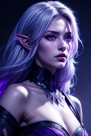 (Beauty photography:1.3), (purple - colored eyes:1.3), detailed skin texture, textured skin, visible skin detail, radiant skin, grey skin, juicy lips, Long Eyelashes, 1 photograph, detailed lips, portrait, 1 female, (white hair), purple eyes, noble rogue outfit, ((underdark: background)), masterpiece, (dynamic pose)),Detailed face, detailed eyes, soft colors, (high-resolution:1.2),Fierce face, grey skin, dark skin, drow, elf ears, dark purple skin, 