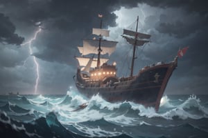(tilt shift:1.2), medieval caravel, in the sea, nighttime, heavy storm, rain, heavy rain, sank, thunder storm