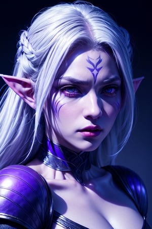 1 photograph, detailed lips, portrait, 1 female, (white hair), light purple eyes, noble rogue outfit, ((underdark: background)), masterpiece, (dynamic pose)),Detailed face, detailed eyes, soft colors, (high-resolution:1.2),Fierce face, grey skin, dark skin, drow, elf ears, dark purple skin, face tattoos