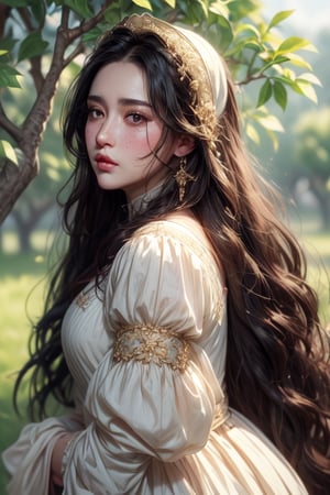 1 photograph, detailed lips, portrait, 1 female, (black hair), long curly hair, black eyes, (beautiful face), peasant dress, commoner outfit, ((small orchard: background)),4k, masterpiece, (dynamic pose)),Detailed face, detailed eyes, soft colors, (high-resolution:1.2), headscarf, poor outfit, freckles, chubby_female, chubby, chubby face, tavern outfit, merchant outfit, angry face, white outfit, slighty_chubby