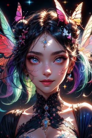 1 photograph,  detailed lips,  portrait,  1 female,  (dark blue hair), double bun, twintail, navy eyes, sparkling eyes), (beautiful face), smiling face, dark blue warlock outfit,  ((rainbow: background)), 4k,  masterpiece,  (dynamic pose)), Detailed face,  detailed eyes,  soft colors,  (high-resolution:1.2), yuzu detail, half body, cinematic lighting, High detailed, fairy wings, High detailed, butterfly wings,High detailed ,Color magic, music notes, Saturated colors,Saturated colors, young face