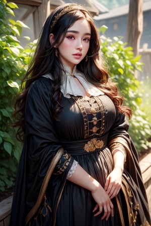 1 photograph, detailed lips, portrait, 1 female, (black hair), long curly hair, black eyes, (beautiful face), peasant dress, commoner outfit, ((vegetable garden: background)),4k, masterpiece, (dynamic pose)),Detailed face, detailed eyes, soft colors, (high-resolution:1.2), headscarf, poor outfit, soft freckles, chubby_female, no accessory, chubby, chubby face, tavern outfit, simple outfit