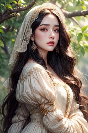 1 photograph, detailed lips, portrait, 1 female, (black hair), long curly hair, black eyes, (beautiful face), peasant dress, commoner outfit, ((small orchard: background)),4k, masterpiece, (dynamic pose)),Detailed face, detailed eyes, soft colors, (high-resolution:1.2), headscarf, poor outfit, soft freckles, chubby_female, no accessory, chubby, chubby face, tavern outfit, simple outfit