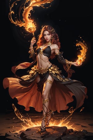 (masterpiece, top quality, best quality, official art, beautiful and aesthetic:1.2), (1girl:1.2), fire fairy, golden eyes, beautiful face, ((Transparent heavenly plumage)),extreme detailed, (shain gold hair:1.1), colorful, highest detailed, (splash_art:1.2), jewelry:1.4, black and golden wear, scenery, colorful_girl_v2, messy hair, red hair, red harem outfit, dancer, mouth veil,