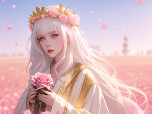 A mysterious and alluring cleric, with platinum white hair, golden eyes, wearing a white and gold robe, wearing a flower crown, conjuring pink spells in a pink rose field, cinematic movement, rose petals, holding a rosegold Reliquary, Detailedface