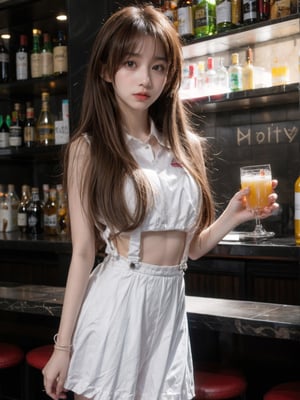 a girl,16y,wear White suspender skirt,in the bar