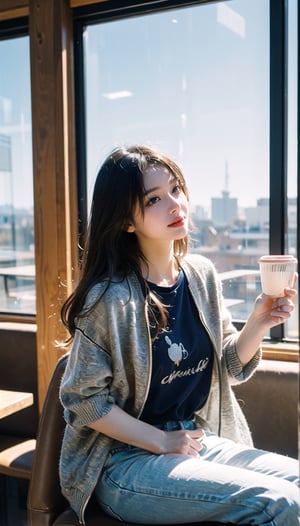 (((masterpiece))), top quality, (beautiful and delicate girl), beautiful and delicate light, (beautiful and delicate eyes), mysterious smile, (brown eyes), (dark black long hair), medium chest, female 1 , (front shot) , Korean, soft expression, tall, jacket, patterned t-shirt, jeans, sneakers, (cafe with a clear view of the outside through full glass), (man and woman sitting by the window drinking coffee), cozy lighting, The overall structure of the cafe is visible, and the lovers' figures can be seen in the distance.