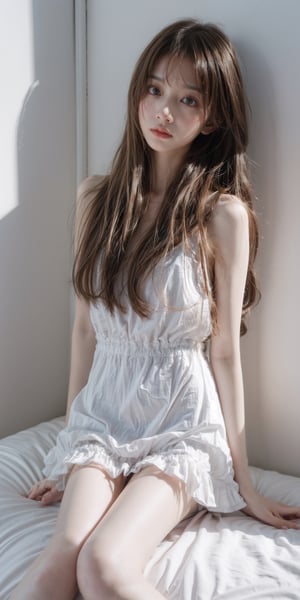 a girl,16y,wear white short dress,in the bedroom