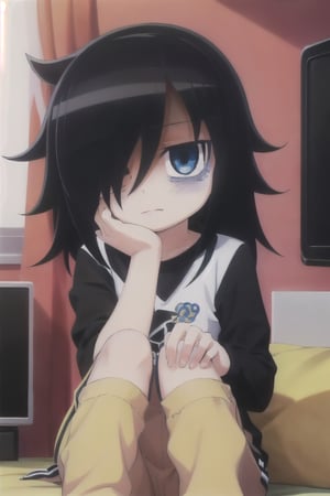 1girl, (masterpiece:1.3), (high resolution), (8K), (extremely detailed), (4k), (pixiv), perfect face, nice eyes and face, (best quality), (super detailed), detailed face and eyes, (solo), textured skin, , tomoko, hair over one eye, bags under eyes, black hair, indoors, sitting, room, television, large pants, sfw,tomoko